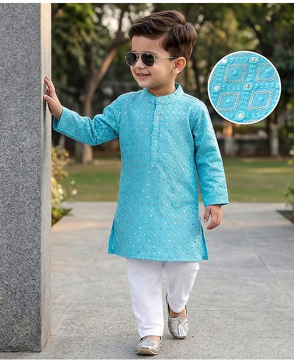Babyhug Woven Full Sleeves Kurta & Pyjama Set With Zari Embroidered & Mirror Work - Blue & White