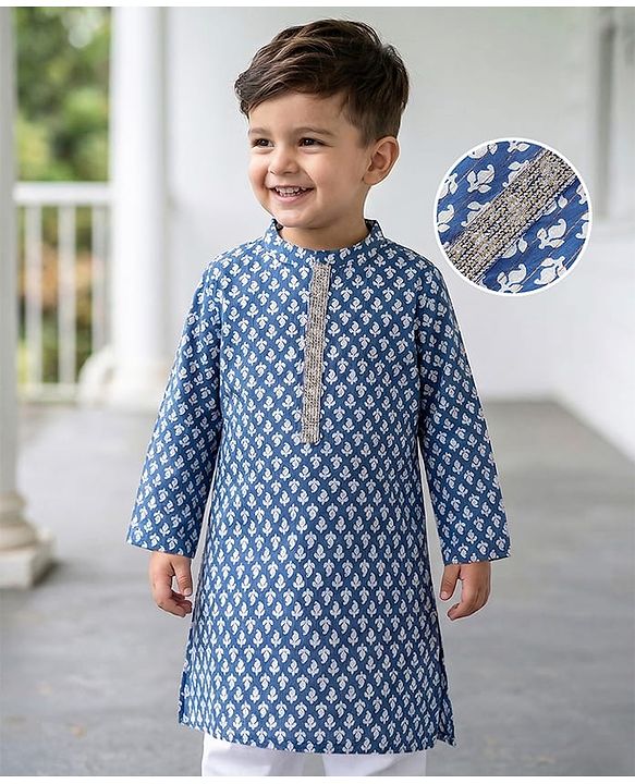 Babyhug Cotton Woven Full Sleeves Printed Kurta - Blue