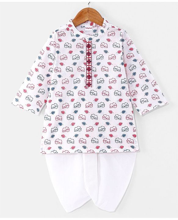 Babyhug Cotton Woven Full Sleeves Kurta & Dhoti Set With Elephant Print - White