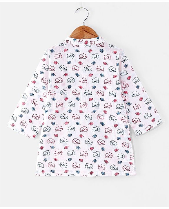 Babyhug Cotton Woven Full Sleeves Kurta & Dhoti Set With Elephant Print - White
