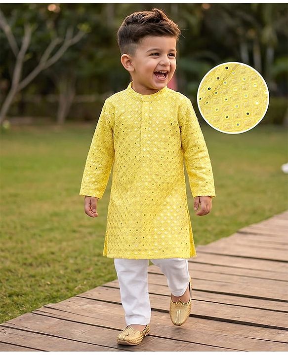 Babyhug Woven Full Sleeves Mirrior Embroide Kurta Payjama Set - Yellow