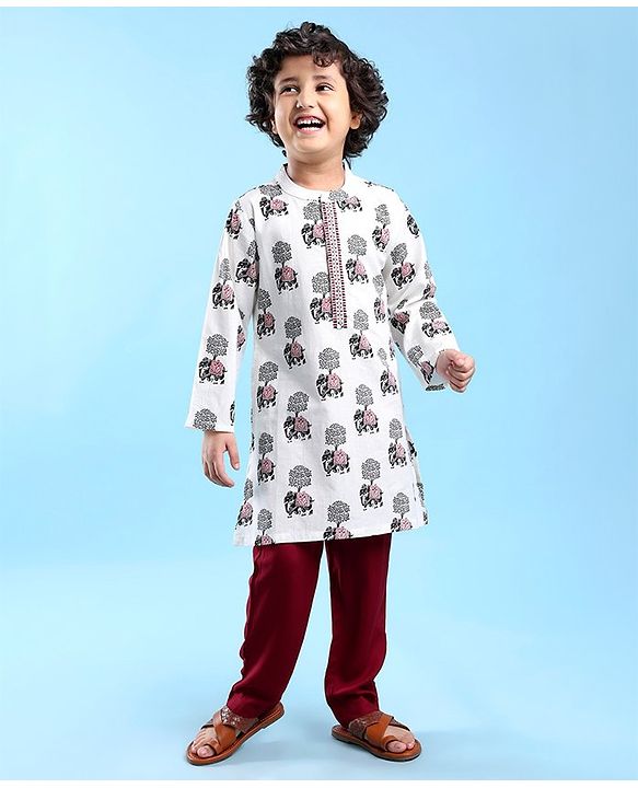 Babyhug 100% Cotton Woven Full Sleeves Elephant Printed Kurta Pyjama Set-White