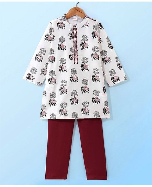 Babyhug 100% Cotton Woven Full Sleeves Elephant Printed Kurta Pyjama Set-White