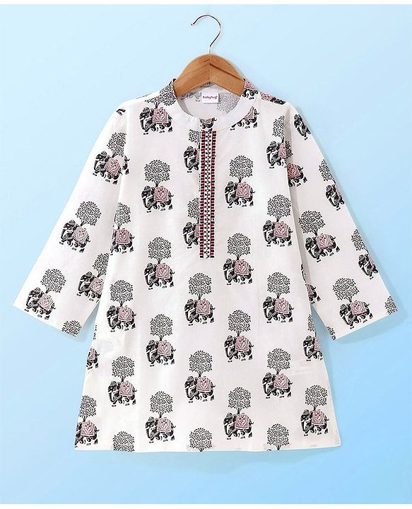 Babyhug 100% Cotton Woven Full Sleeves Elephant Printed Kurta Pyjama Set-White