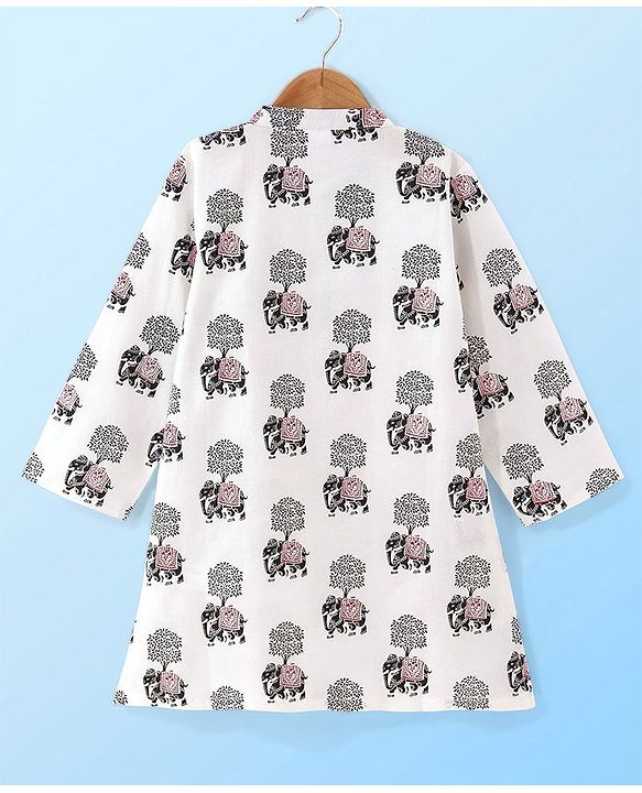 Babyhug 100% Cotton Woven Full Sleeves Elephant Printed Kurta Pyjama Set-White