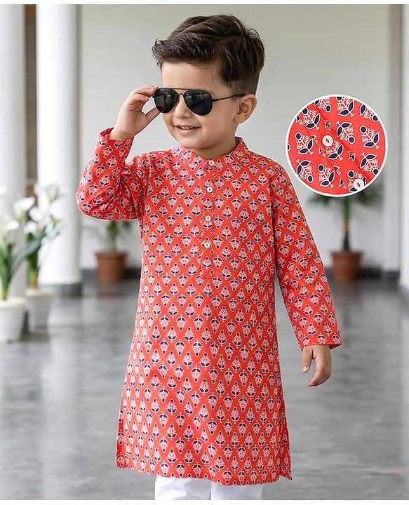 Babyhug 100% Cotton Woven Full Sleeves Kurta Floral Print - Orange