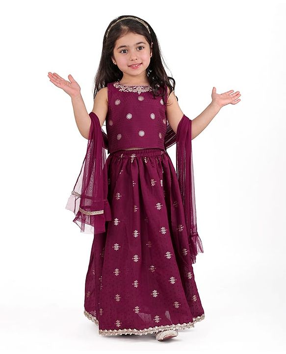 Babyhug Woven  Sleeveless Chanderi Butti Floral Emboirdered Choli Lehenga with Dupatta Set - Wine