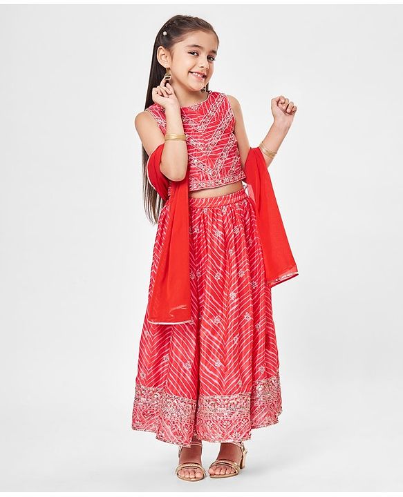 Babyhug Chiffon Woven Sleeveless Sequined and Embroidered Choli and Lehenga with Dupatta - Coral
