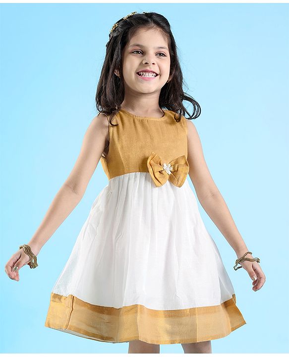 Babyhug Woven Sleeveless Gold Border Ethnic Dress With Bow Applique - White & Golden