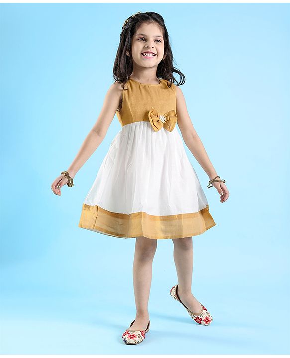 Babyhug Woven Sleeveless Gold Border Ethnic Dress With Bow Applique - White & Golden