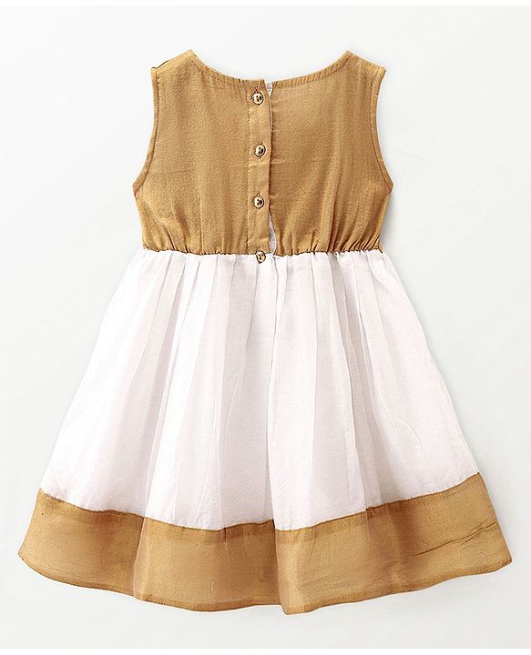 Babyhug Woven Sleeveless Gold Border Ethnic Dress With Bow Applique - White & Golden