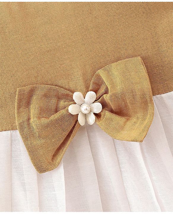 Babyhug Woven Sleeveless Gold Border Ethnic Dress With Bow Applique - White & Golden