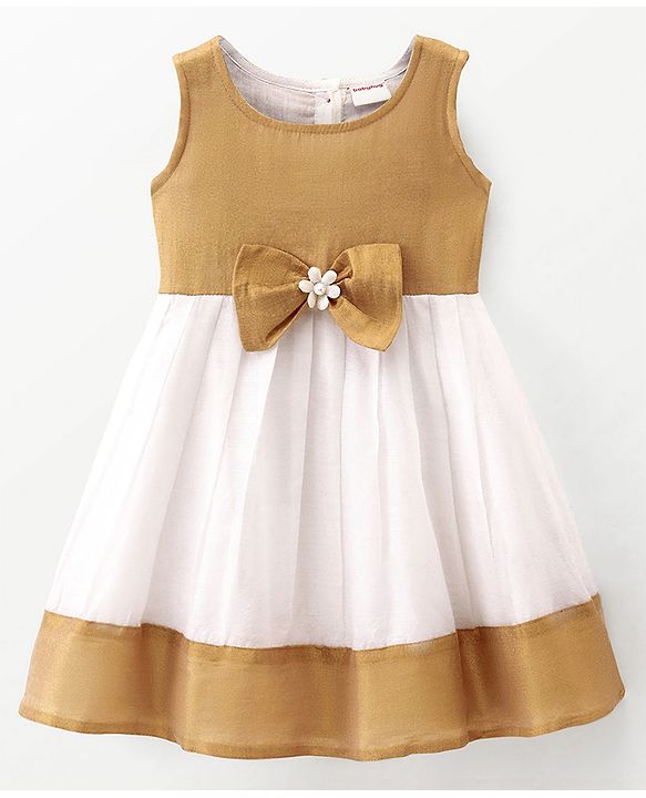 Babyhug Woven Sleeveless Gold Border Ethnic Dress With Bow Applique - White & Golden