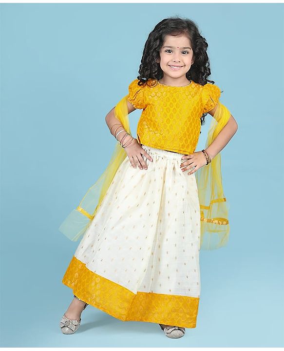 Babyhug Half Sleeves Choli & Pattu Pavada Lehenga with Dupatta Set With Zari Design-Yellow & Ivory
