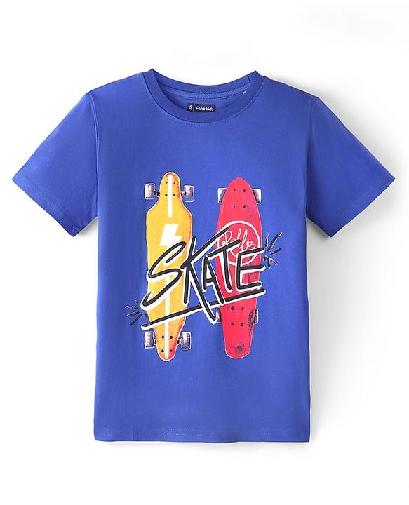 Pine Kids Cotton Knit Half Sleeves T-Shirt Skateboard Print - Dazzling Blue