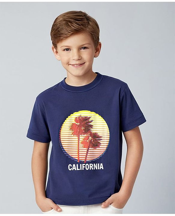 Pine Kids Cotton Knit Half Sleeves Sun Set Theme Print T-Shirt - Blue