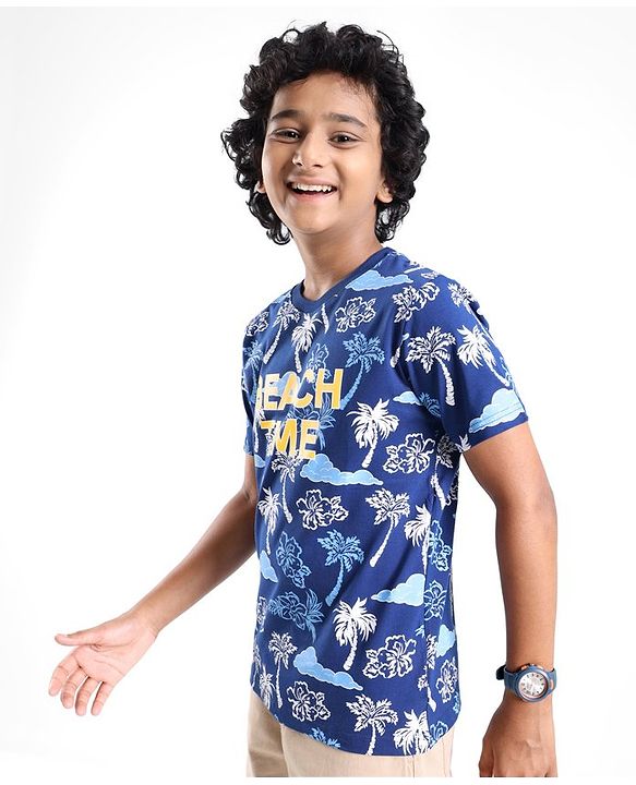 Pine Kids Cotton Knit Half Sleeves T-Shirt Beach Print - Limoges