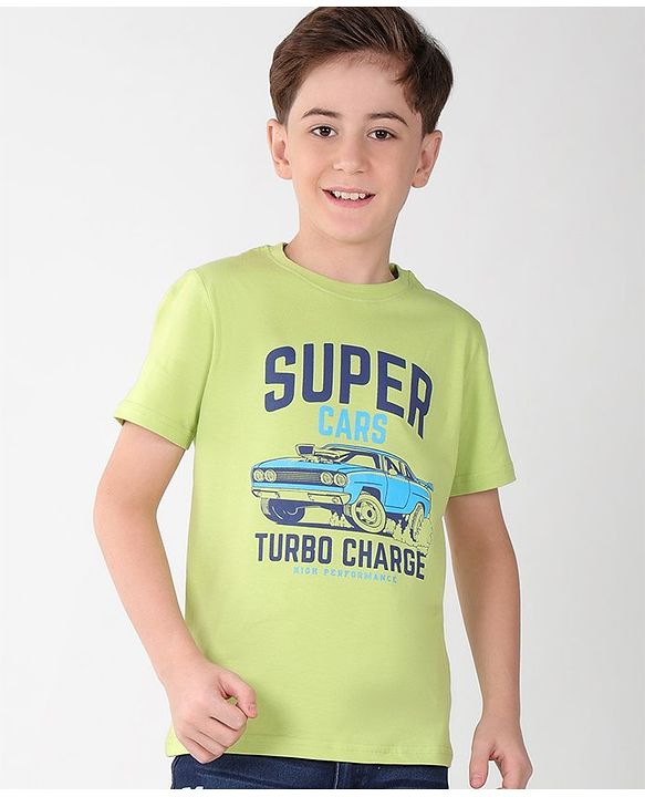 Pine Kids Cotton Half Sleeves T-Shirt Super Car Print - Wild Lime