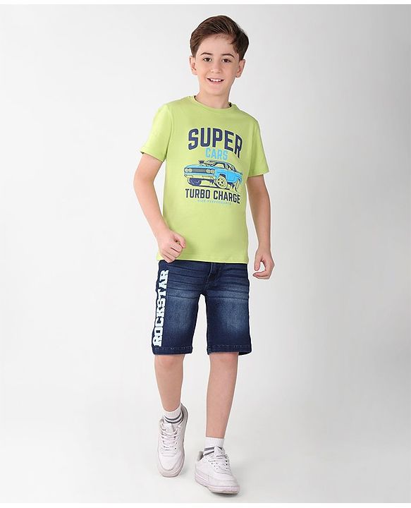 Pine Kids Cotton Half Sleeves T-Shirt Super Car Print - Wild Lime