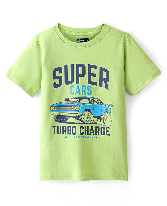 Pine Kids Cotton Half Sleeves T-Shirt Super Car Print - Wild Lime