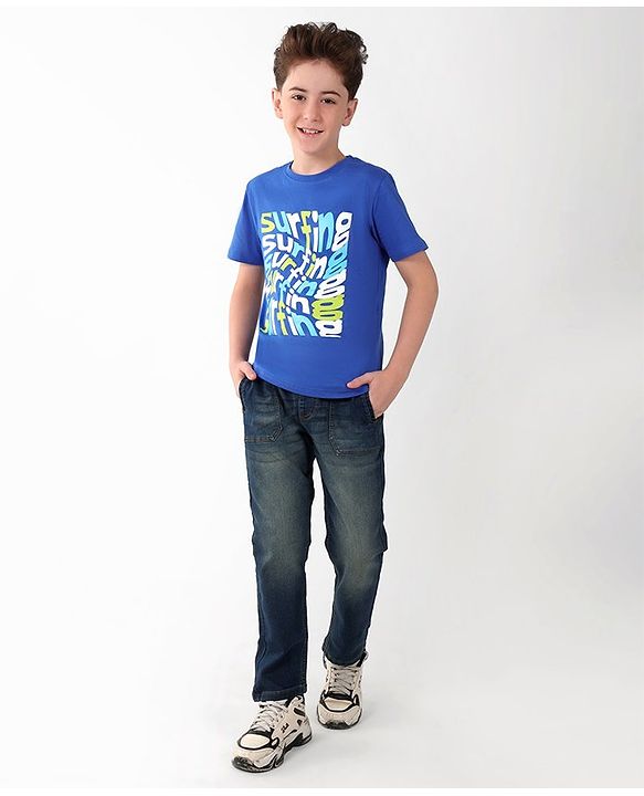 Pine Kids Cotton Half Sleeves T-Shirt Surfing Print - Dazzling Blue