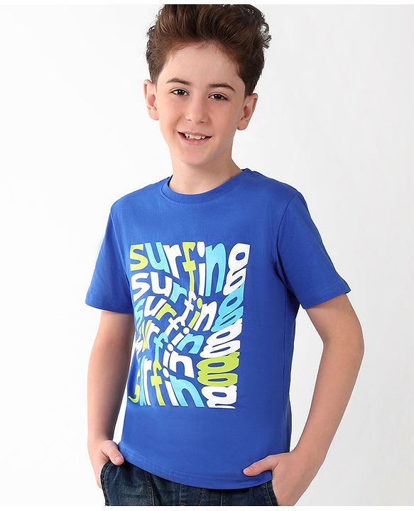 Pine Kids Cotton Half Sleeves T-Shirt Surfing Print - Dazzling Blue