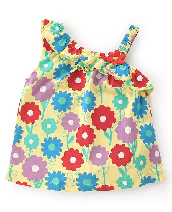 Babyhug Cotton Knit One Shoulder Sleeves Top with Frill Detailing Floral Print - Yellow