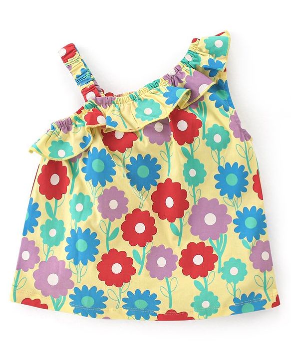 Babyhug Cotton Knit One Shoulder Sleeves Top with Frill Detailing Floral Print - Yellow