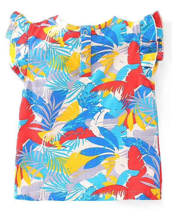 Babyhug 100% Cotton Knit Frill Sleeves Top with Leafy Print & Frill Detailing - Multicolour