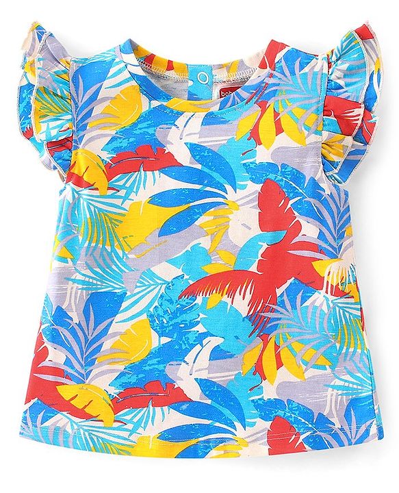 Babyhug 100% Cotton Knit Frill Sleeves Top with Leafy Print & Frill Detailing - Multicolour