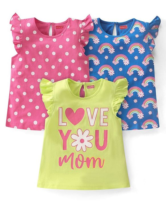 Babyhug Cotton Knit Sleeveless Top with Frill Detailing Polka Dot Graphic Pack of 3 - Pink Blue & Green