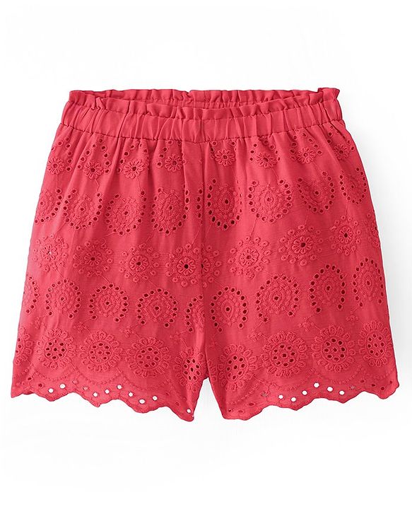 Pine Kids Cotton Woven Mid Thigh Length Schiffli Shorts-Pink