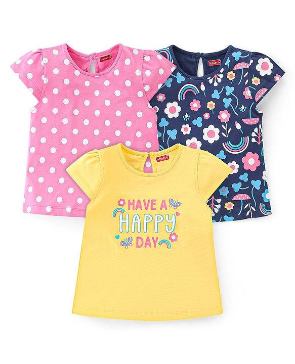 Babyhug Cotton Half Sleeves T-Shirts With Floral & Polka Dot Graphics Pack of 3 - Multicolor