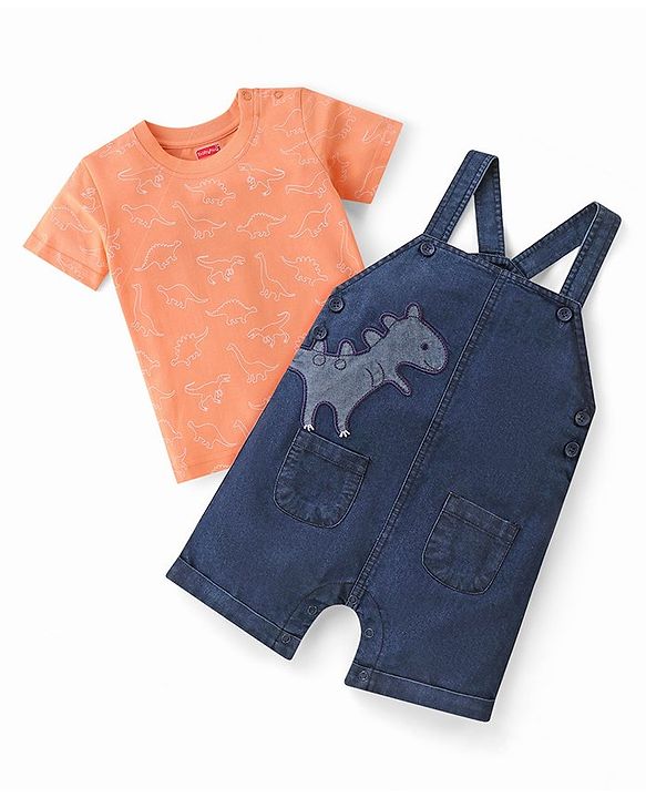 Babyhug Single Jersey Woven Dino Patch Dungaree & Half Sleeves T-Shirt - Peach & Blue