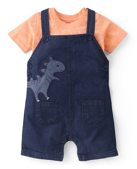 Babyhug Single Jersey Woven Dino Patch Dungaree & Half Sleeves T-Shirt - Peach & Blue