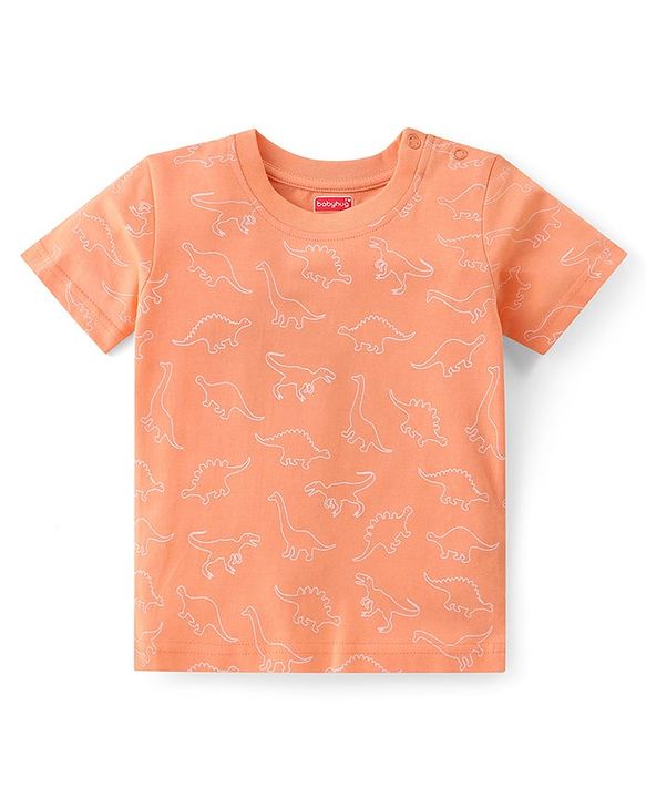 Babyhug Single Jersey Woven Dino Patch Dungaree & Half Sleeves T-Shirt - Peach & Blue
