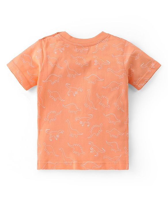 Babyhug Single Jersey Woven Dino Patch Dungaree & Half Sleeves T-Shirt - Peach & Blue