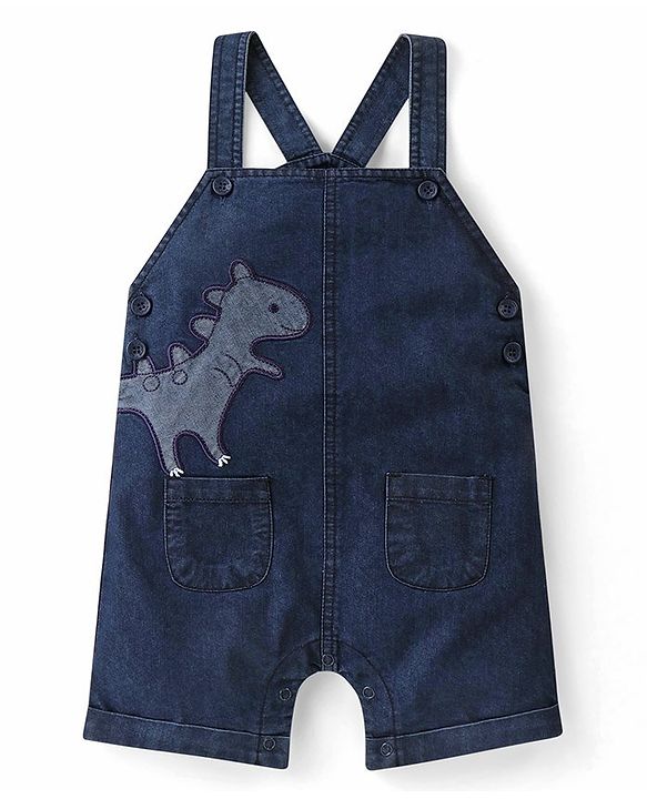 Babyhug Single Jersey Woven Dino Patch Dungaree & Half Sleeves T-Shirt - Peach & Blue