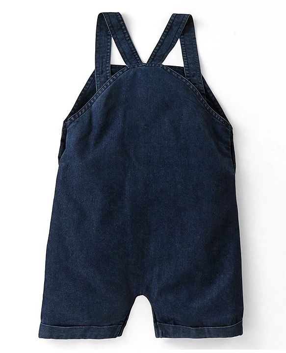 Babyhug Single Jersey Woven Dino Patch Dungaree & Half Sleeves T-Shirt - Peach & Blue