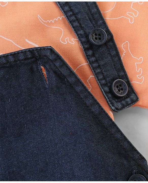 Babyhug Single Jersey Woven Dino Patch Dungaree & Half Sleeves T-Shirt - Peach & Blue