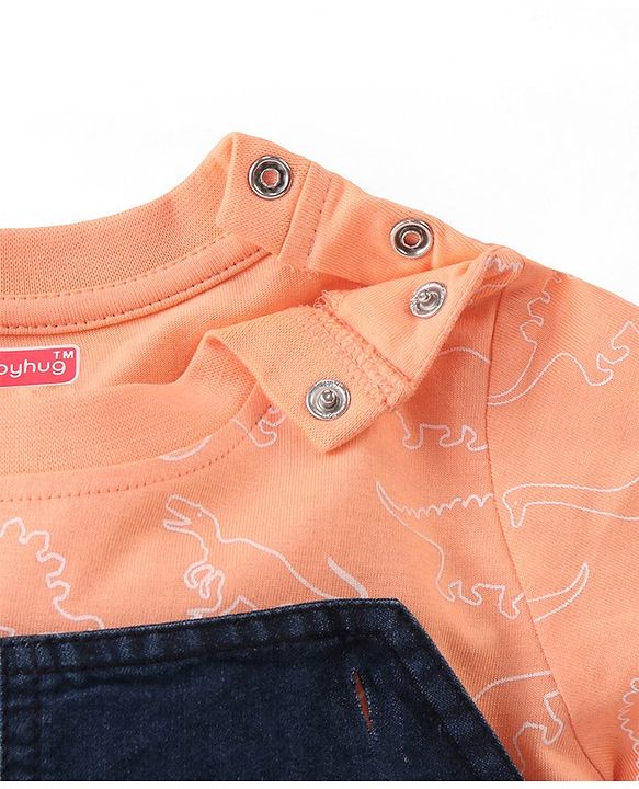 Babyhug Single Jersey Woven Dino Patch Dungaree & Half Sleeves T-Shirt - Peach & Blue