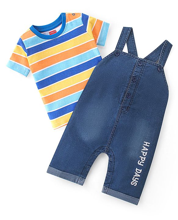 Babyhug Single Jersey Woven Dungaree with  Half Sleeves Striped T-Shirt - Multicolour