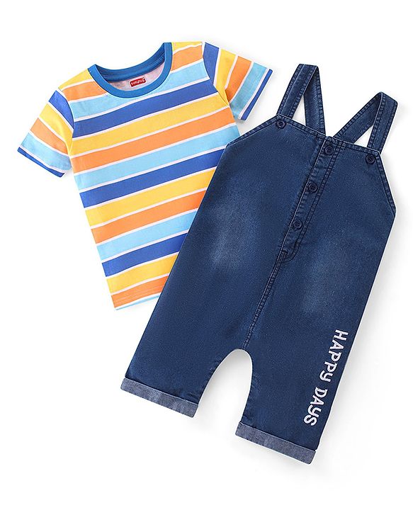 Babyhug Single Jersey Woven Dungaree with  Half Sleeves Striped T-Shirt - Multicolour