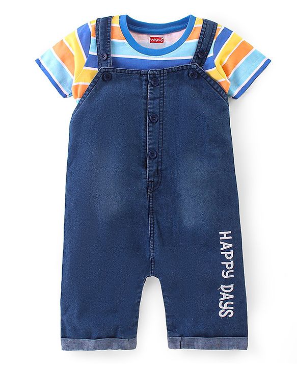 Babyhug Single Jersey Woven Dungaree with  Half Sleeves Striped T-Shirt - Multicolour