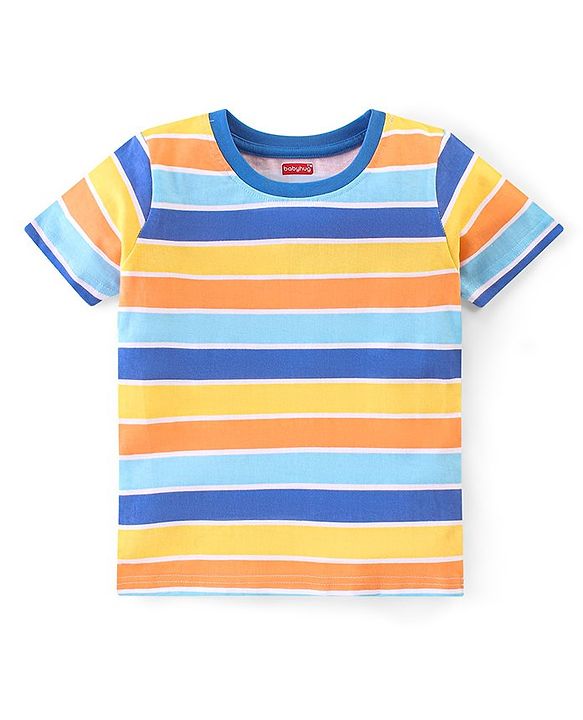 Babyhug Single Jersey Woven Dungaree with  Half Sleeves Striped T-Shirt - Multicolour