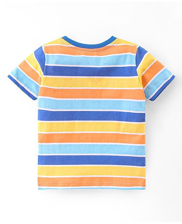 Babyhug Single Jersey Woven Dungaree with  Half Sleeves Striped T-Shirt - Multicolour