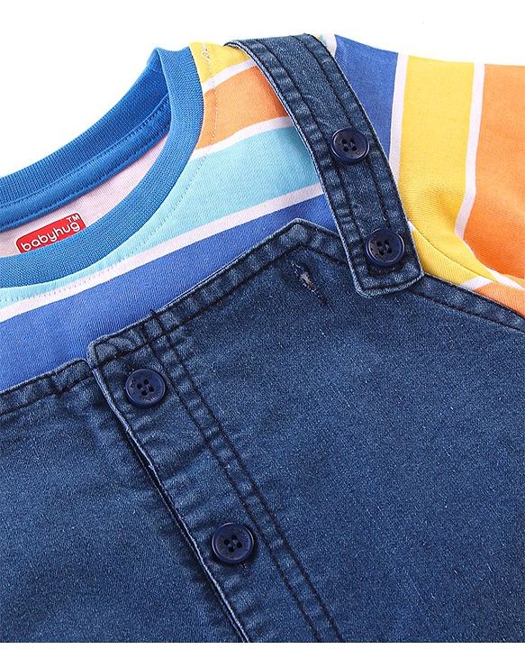 Babyhug Single Jersey Woven Dungaree with  Half Sleeves Striped T-Shirt - Multicolour