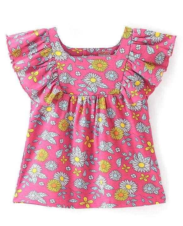 Babyhug Cotton Knit Frill Sleeves Floral Printed Cropped Top - Pink