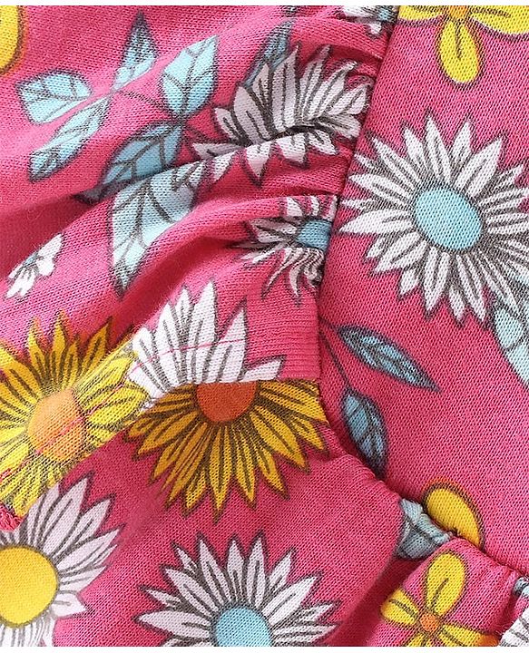 Babyhug Cotton Knit Frill Sleeves Floral Printed Cropped Top - Pink