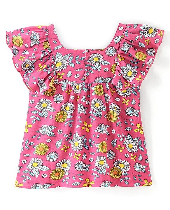 Babyhug Cotton Knit Frill Sleeves Floral Printed Cropped Top - Pink